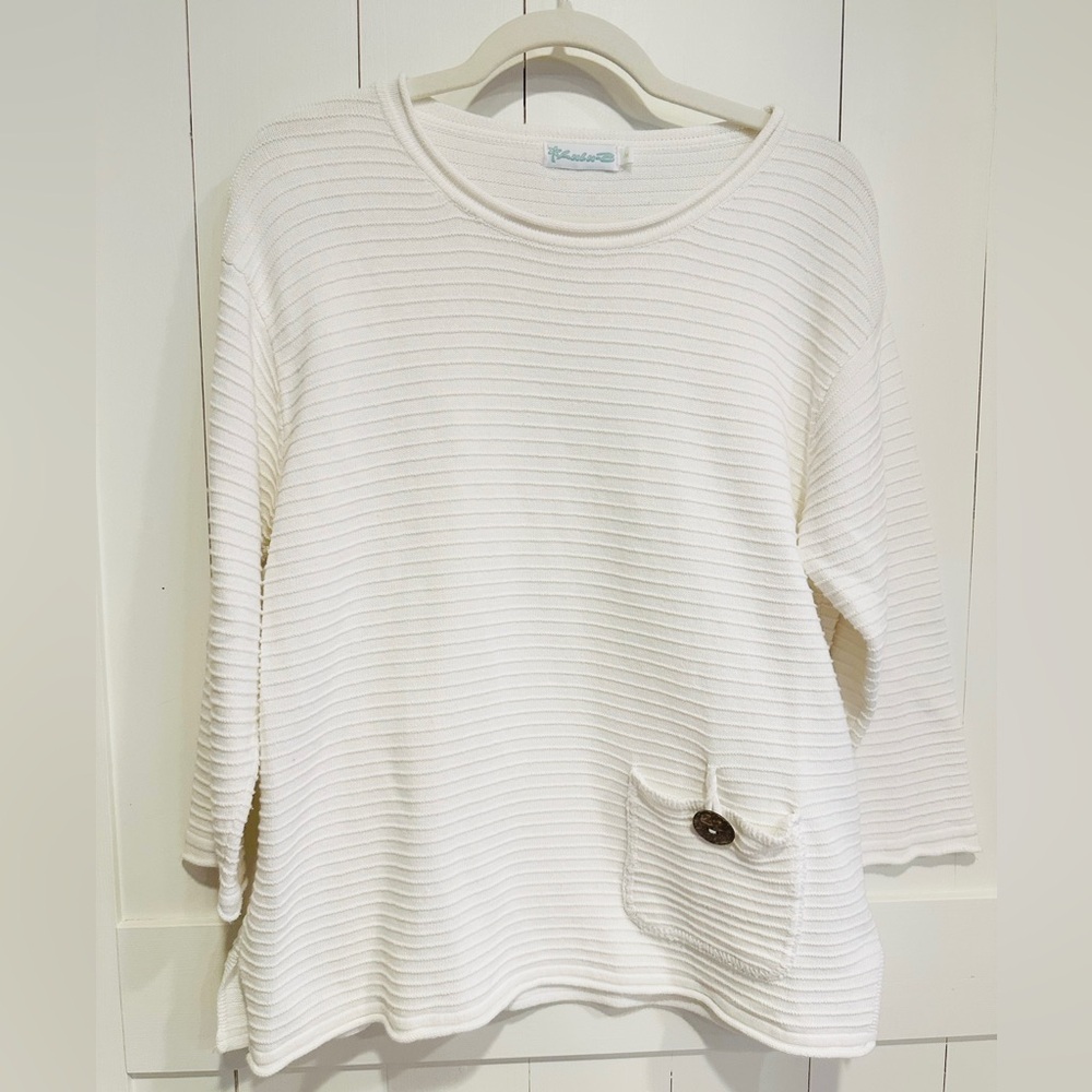 White Textured Ribbed Knit Pullover Sweater | Coastal Casual | Size M